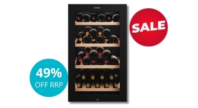 The Vintec 35 Bottle Single Zone Under Bench Wine Fridge Glass Door Black VWS830FCB-X sold in Australia by Appliances Online with Free Delivery