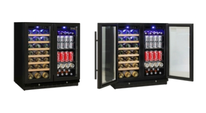 Schmick 165L twin zone beverage centre showing dual doors and internal LED lighting sold in Australia by Appliances Online with free delivery