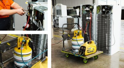 A certified professional degassing a fridge for Appliances Online's safe recycling program 