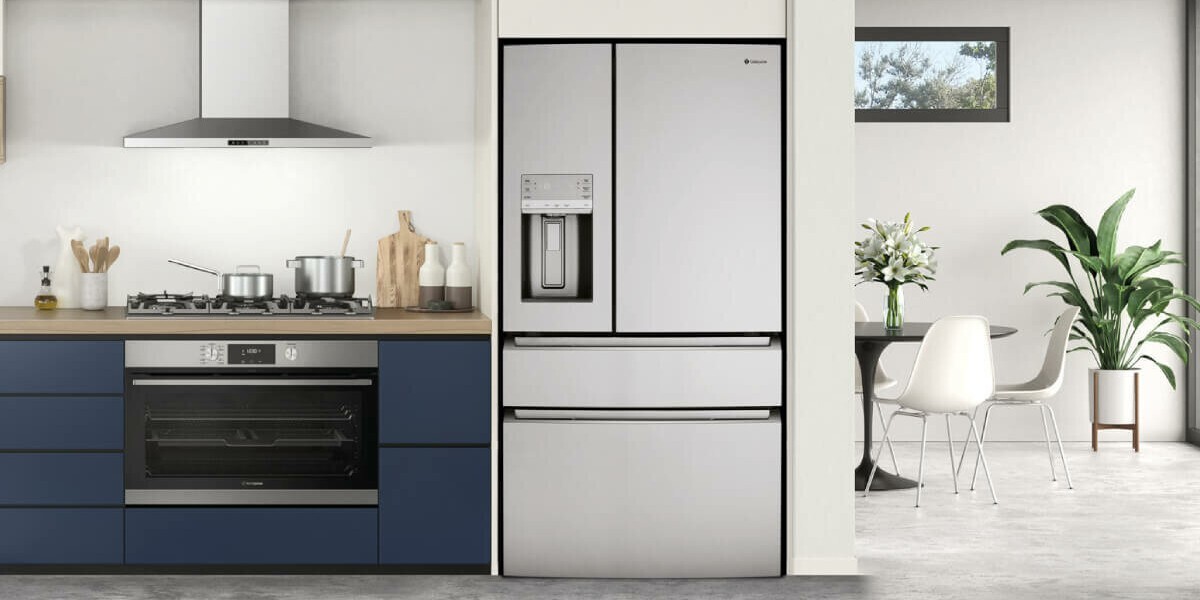 A Westinghouse French door fridge in a contemporary kitchen-living area