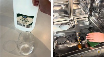 Wiping clean the inside of a dishwasher with a vinegar and water solution
