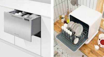 A Fisher & Paykel DishDrawer dishwasher and a Linarie portable benchtop countertop dishwasher