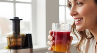 A woman enjoys a freshly made fruit juice with a juicer in the background