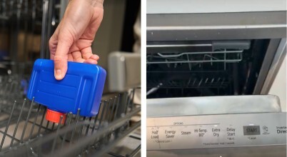 Placing a dishwasher cleaner bottle in a dishwasher and putting it on a hot cleaning cycle