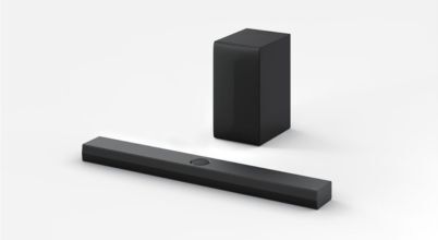 An LG soundbar and subwoofer
