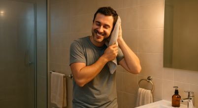 A smiling man dries his hair in a warm bathroom