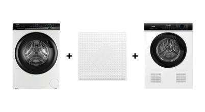 A Haier brand washing machine, vented dryer and universal stacking mat that can be stacked together.