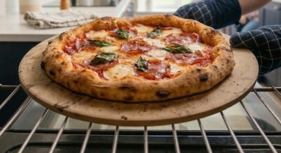 A freshly baked pizza on a pizza stone in a domestic oven