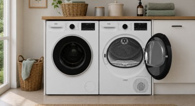 A Beko brand condenser dryer and washing machine in a contemporary laundry: original product images combined with AI-generated surrounding