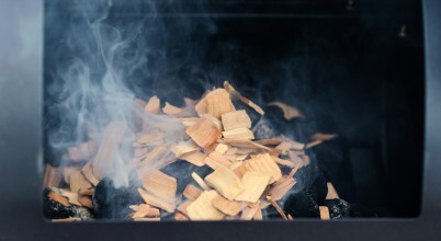 Wood chips in a charcoal smoker