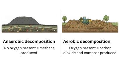 A diagram illustrating anaerobic decomposition of organic waste in landfill versus aerobic decomposition of organic waste in composting facilities