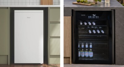 A freestanding bar fridge and a built-in bar fridge