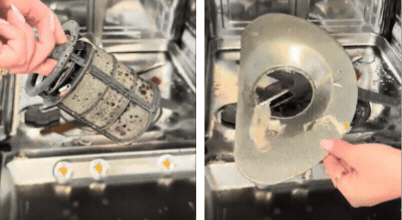 Cleaning a dishwasher filter with a soft scrubbing brush