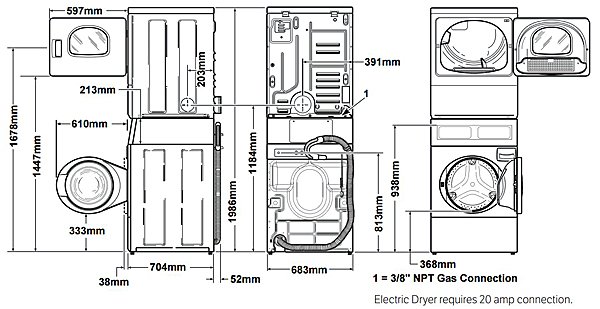 width of washer dryer stack