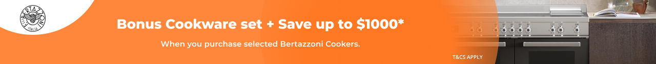 Bonus Cookware Set Plus Save when purchasing selected Bertazzoni Cookers